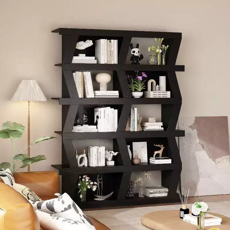 Bibliothèque ouverte, étagère décorative à la forme unique, rangement multifonctionnel avec plusieurs compartiments, noire