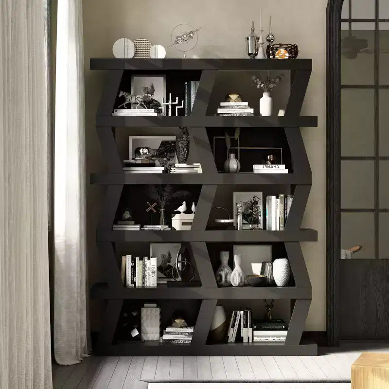 Bibliothèque ouverte, étagère décorative à la forme unique, rangement multifonctionnel avec plusieurs compartiments, noire