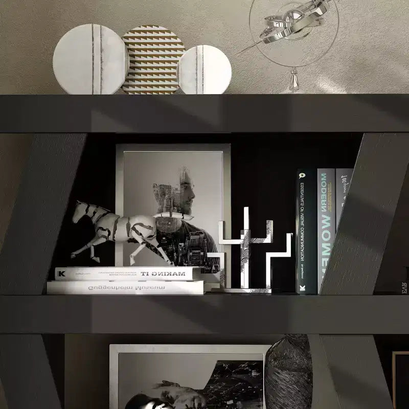 Bibliothèque ouverte, étagère décorative à la forme unique, rangement multifonctionnel avec plusieurs compartiments, noire