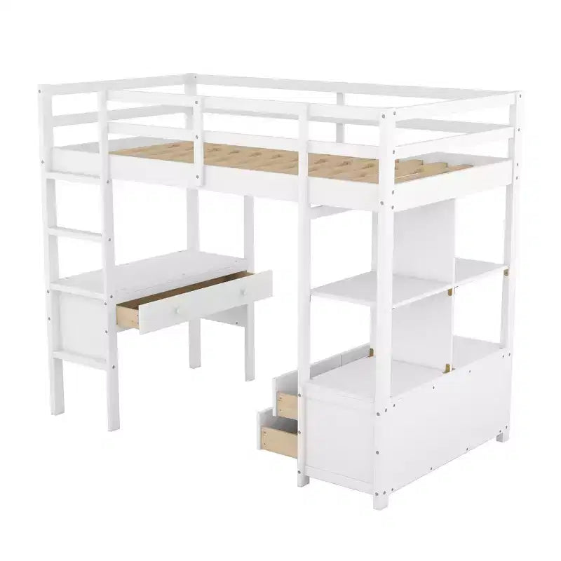 Lit mezzanine en bois de 78.20'L  57.50'W avec bureau intégré, deux tiroirs, étagères et rangements