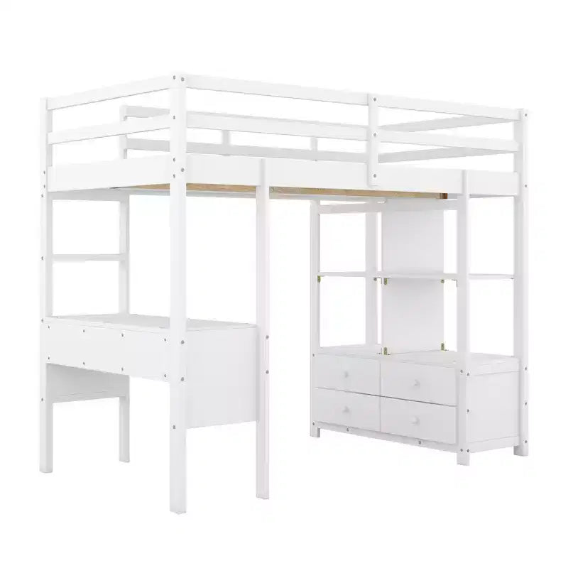 Lit mezzanine en bois de 78.20'L  57.50'W avec bureau intégré, deux tiroirs, étagères et rangements