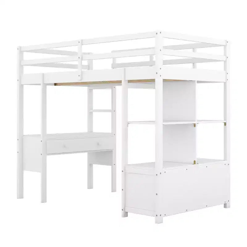 Lit mezzanine en bois de 78.20'L  57.50'W avec bureau intégré, deux tiroirs, étagères et rangements