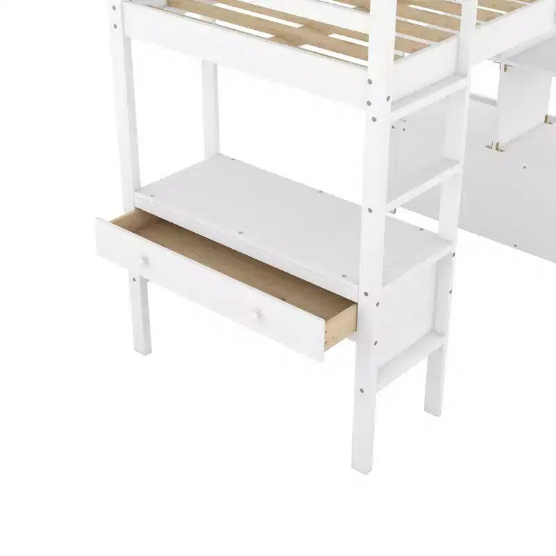 Lit mezzanine en bois de 78.20'L  57.50'W avec bureau intégré, deux tiroirs, étagères et rangements