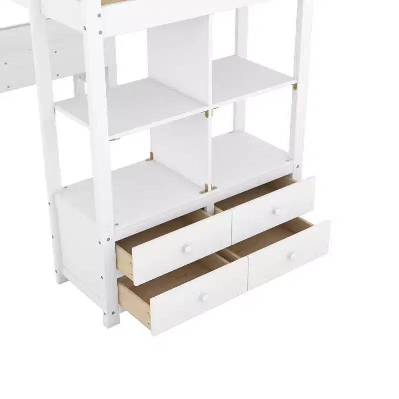 Lit mezzanine en bois de 78.20'L  57.50'W avec bureau intégré, deux tiroirs, étagères et rangements