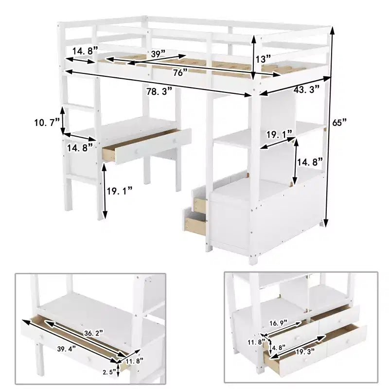 Lit mezzanine en bois de 78.20'L  57.50'W avec bureau intégré, deux tiroirs, étagères et rangements