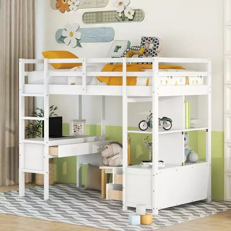 Lit mezzanine en bois de 78.20'L  57.50'W avec bureau intégré, deux tiroirs, étagères et rangements