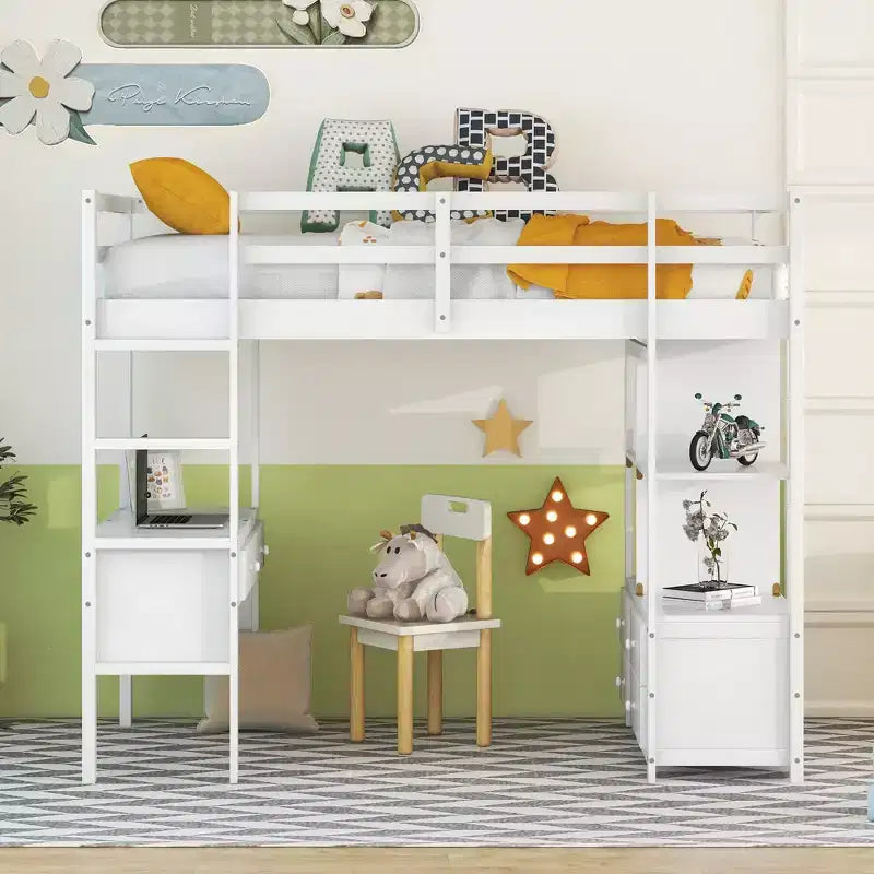 78.20'L 57.50'W Hochbett aus Holz mit integriertem Schreibtisch, zwei Schubladen, Ablagefächern und weiteren Schubladen