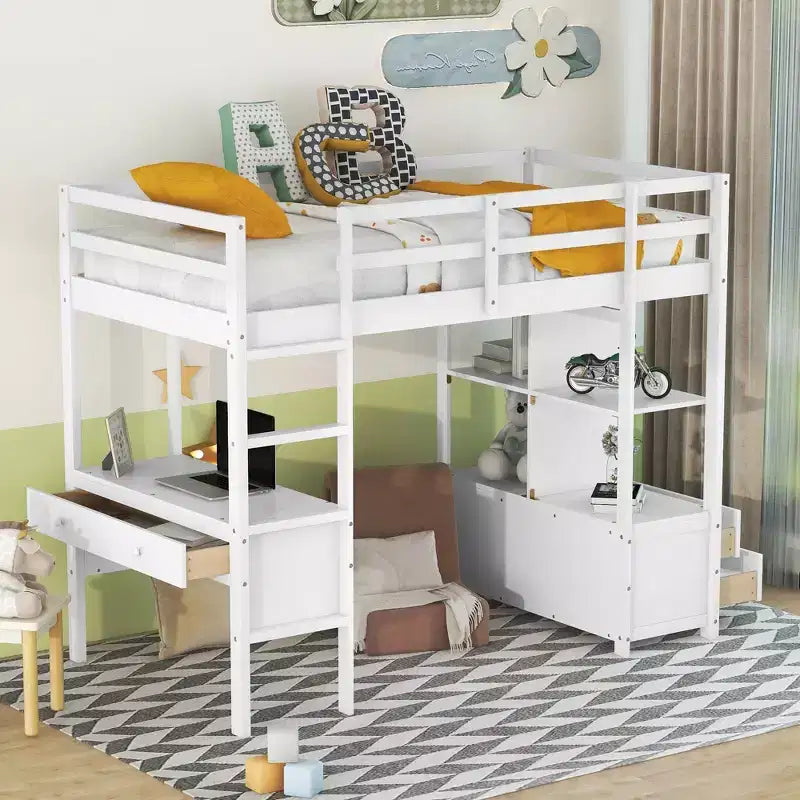 78.20'L 57.50'W Hochbett aus Holz mit integriertem Schreibtisch, zwei Schubladen, Ablagefächern und weiteren Schubladen