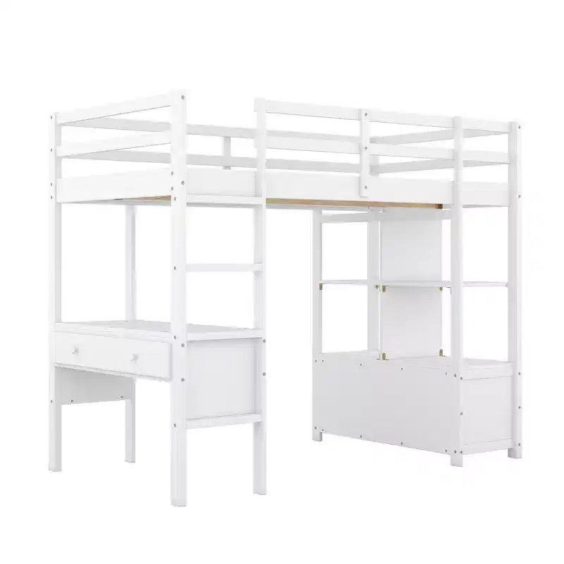 Lit mezzanine en bois de 78.20'L  57.50'W avec bureau intégré, deux tiroirs, étagères et rangements