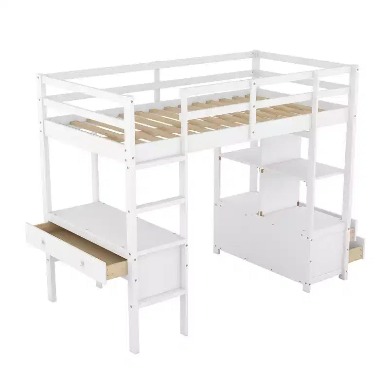 Lit mezzanine en bois de 78.20'L  57.50'W avec bureau intégré, deux tiroirs, étagères et rangements