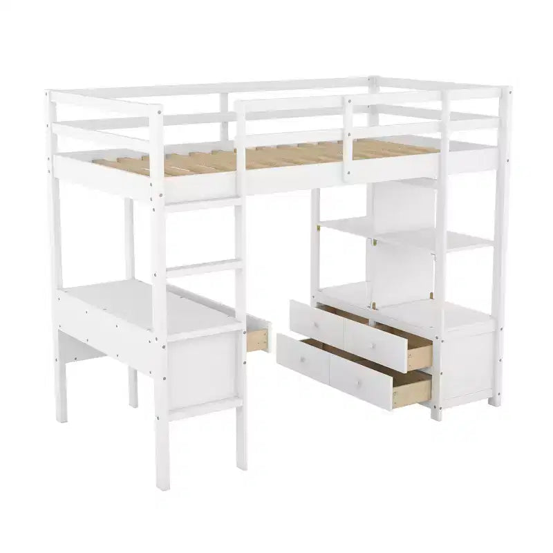 Lit mezzanine en bois de 78.20'L  57.50'W avec bureau intégré, deux tiroirs, étagères et rangements