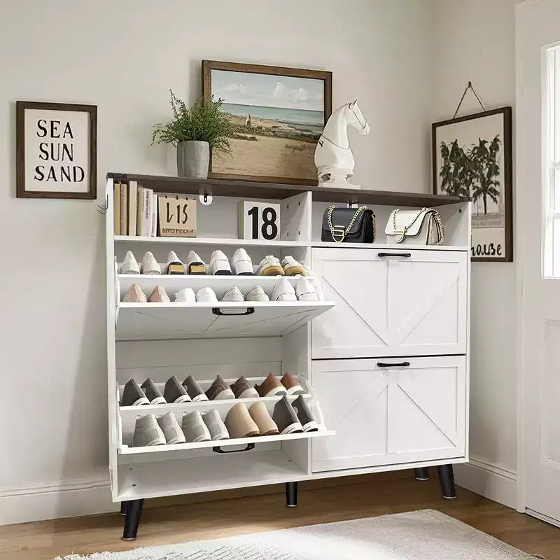 Schuhaufbewahrung, freistehender Schuhschrank mit 4 Klappschubladen und Scheunentür-Design, schmale Schuhkommode, Schuhorganizer