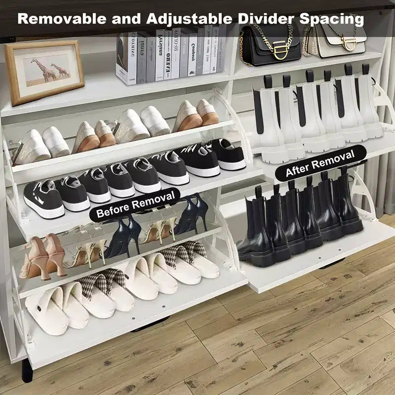 Schuhaufbewahrung, freistehender Schuhschrank mit 4 Klappschubladen und Scheunentür-Design, schmale Schuhkommode, Schuhorganizer