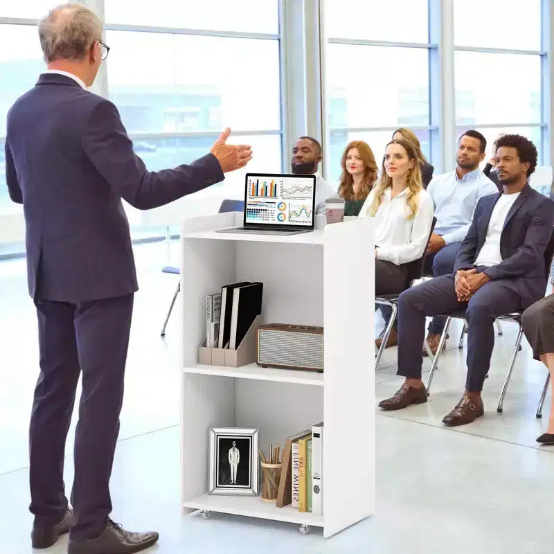 Pupitre de présentation de 41 pouces avec 2 étagères de rangement, chariot pour ordinateur portable avec 4 roulettes, noir/blanc