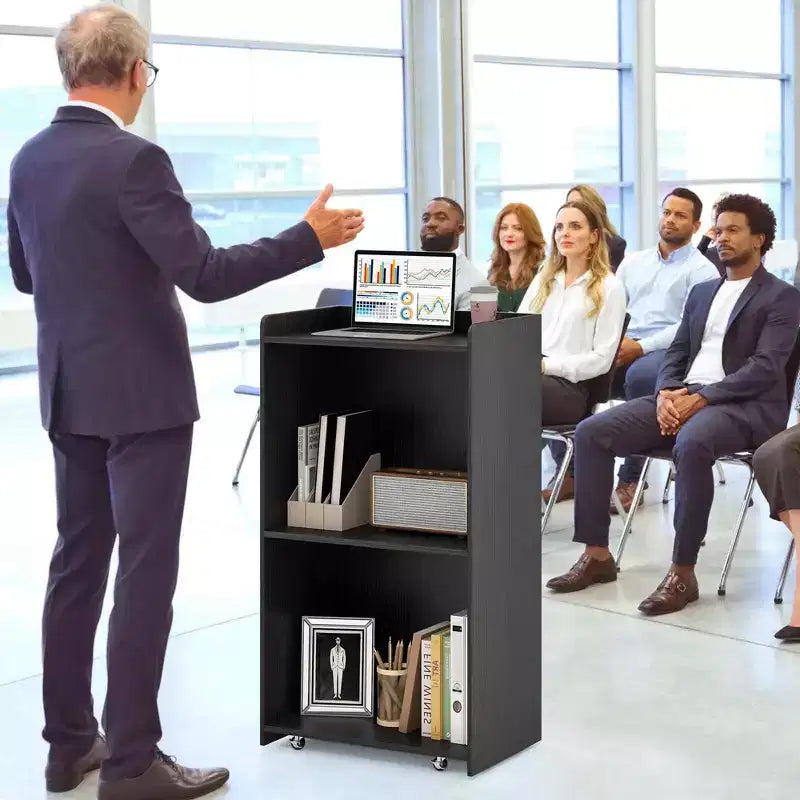 Pupitre de présentation de 41 pouces avec 2 étagères de rangement, chariot pour ordinateur portable avec 4 roulettes, noir/blanc