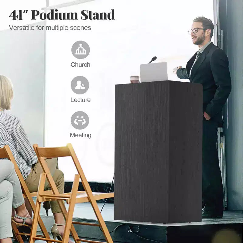 Pupitre de présentation de 41 pouces avec 2 étagères de rangement, chariot pour ordinateur portable avec 4 roulettes, noir/blanc