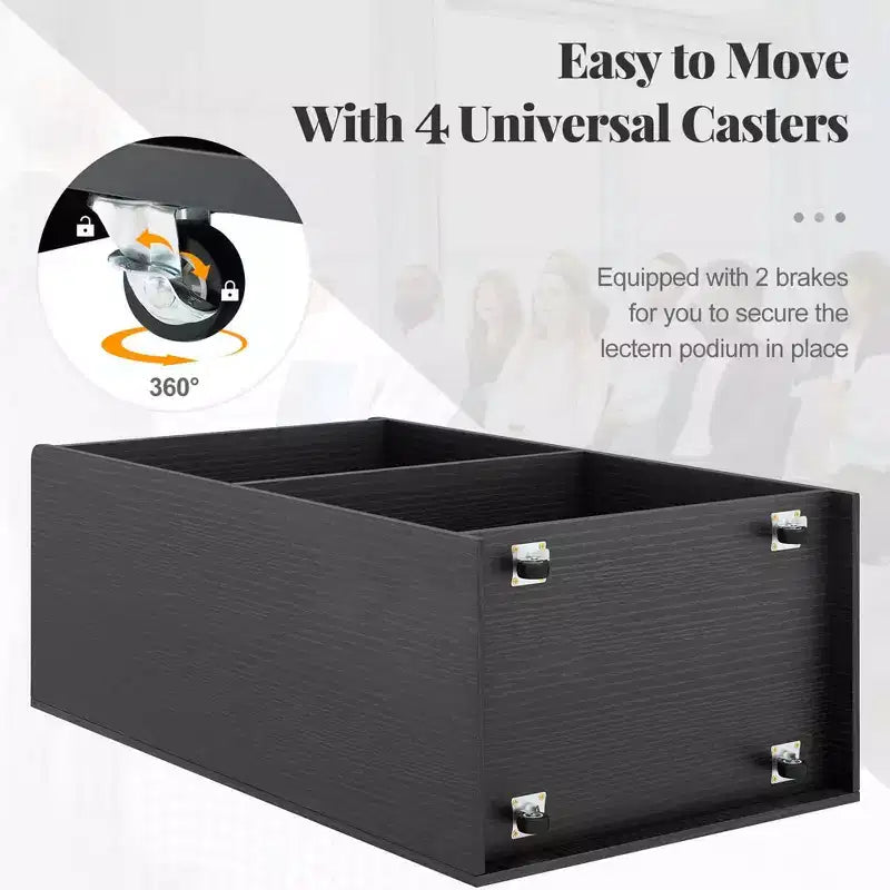 Pupitre de présentation de 41 pouces avec 2 étagères de rangement, chariot pour ordinateur portable avec 4 roulettes, noir/blanc