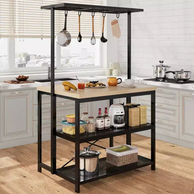 Grand îlot de cuisine avec étagère de boulanger et rangement à 3 niveaux, support pour four à micro-ondes, table de bar à café en métal, étagère de rangement de cuisine, 5 crochets