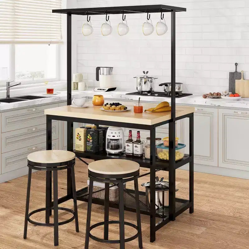 Grand îlot de cuisine avec étagère de boulanger et rangement à 3 niveaux, support pour four à micro-ondes, table de bar à café en métal, étagère de rangement de cuisine, 5 crochets