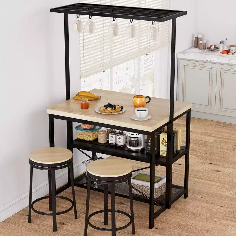 Grand îlot de cuisine avec étagère de boulanger et rangement à 3 niveaux, support pour four à micro-ondes, table de bar à café en métal, étagère de rangement de cuisine, 5 crochets