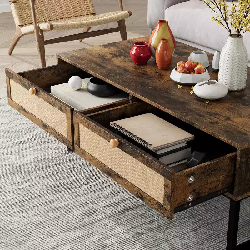 Mesa de centro de ratán con 2 cajones, mesa de centro de madera de 45.6' con almacenamiento, mesa de comedor bohemia, mesas de centro pequeñas para sala de estar
