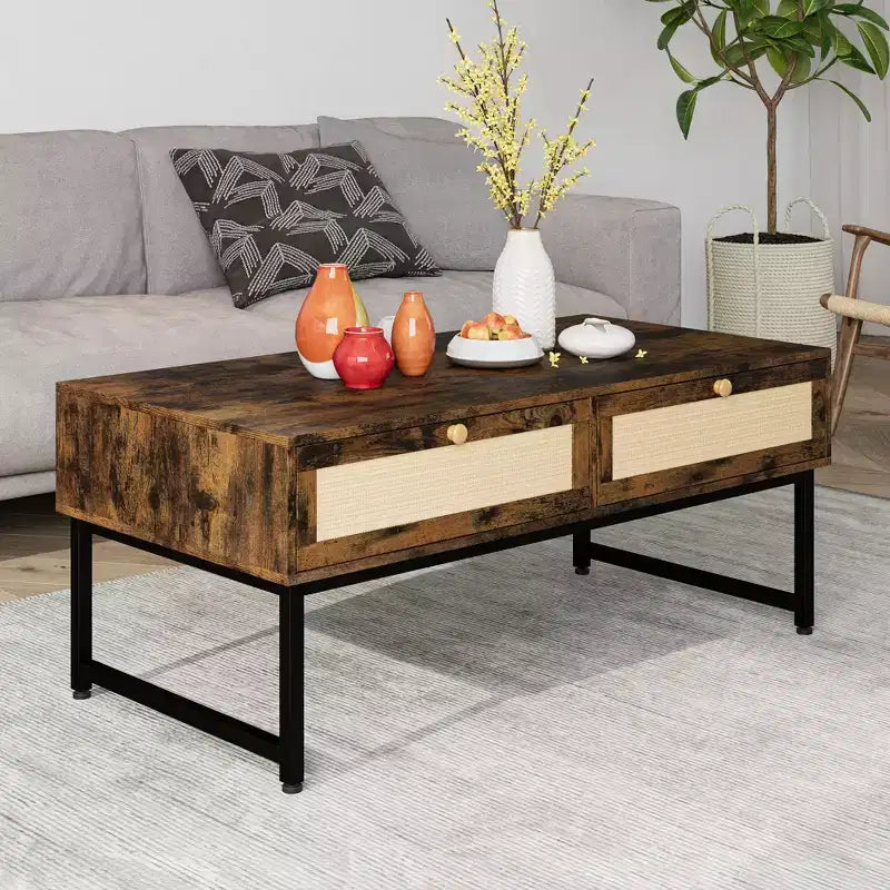 Mesa de centro de ratán con 2 cajones, mesa de centro de madera de 45.6' con almacenamiento, mesa de comedor bohemia, mesas de centro pequeñas para sala de estar
