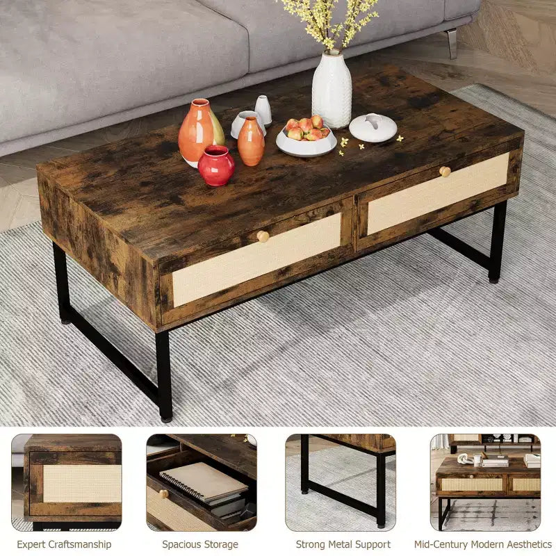 Mesa de centro de ratán con 2 cajones, mesa de centro de madera de 45.6' con almacenamiento, mesa de comedor bohemia, mesas de centro pequeñas para sala de estar