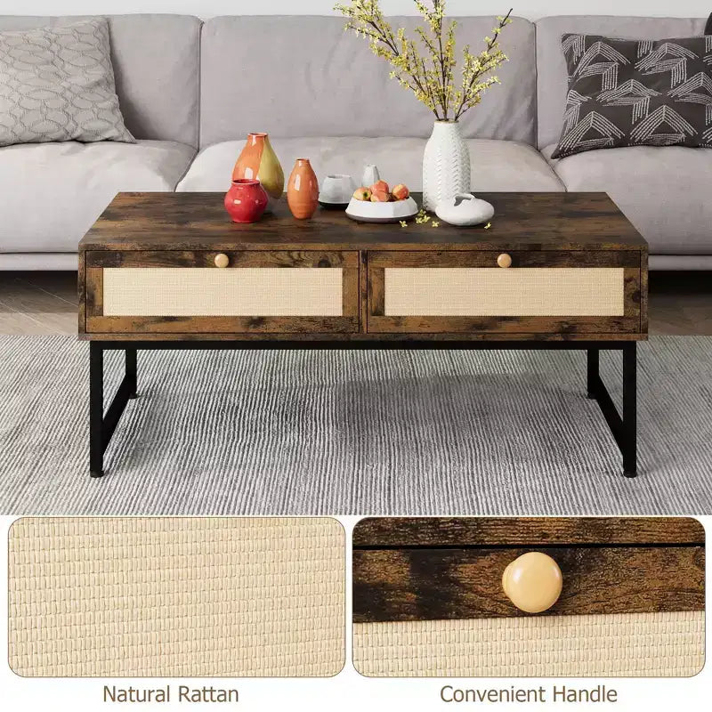 Mesa de centro de ratán con 2 cajones, mesa de centro de madera de 45.6' con almacenamiento, mesa de comedor bohemia, mesas de centro pequeñas para sala de estar