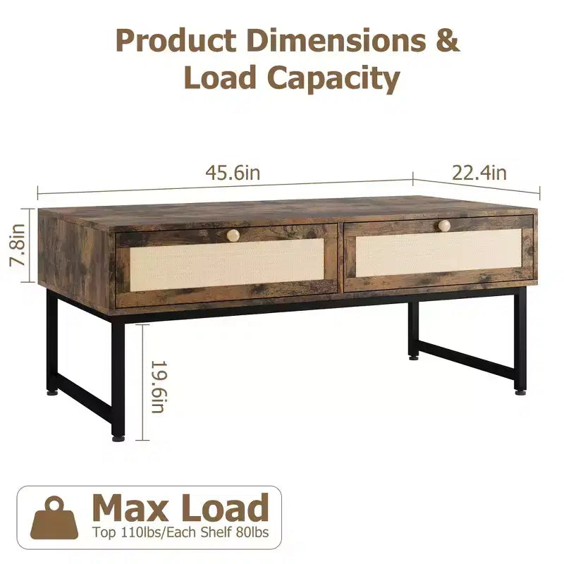 Mesa de centro de ratán con 2 cajones, mesa de centro de madera de 45.6' con almacenamiento, mesa de comedor bohemia, mesas de centro pequeñas para sala de estar
