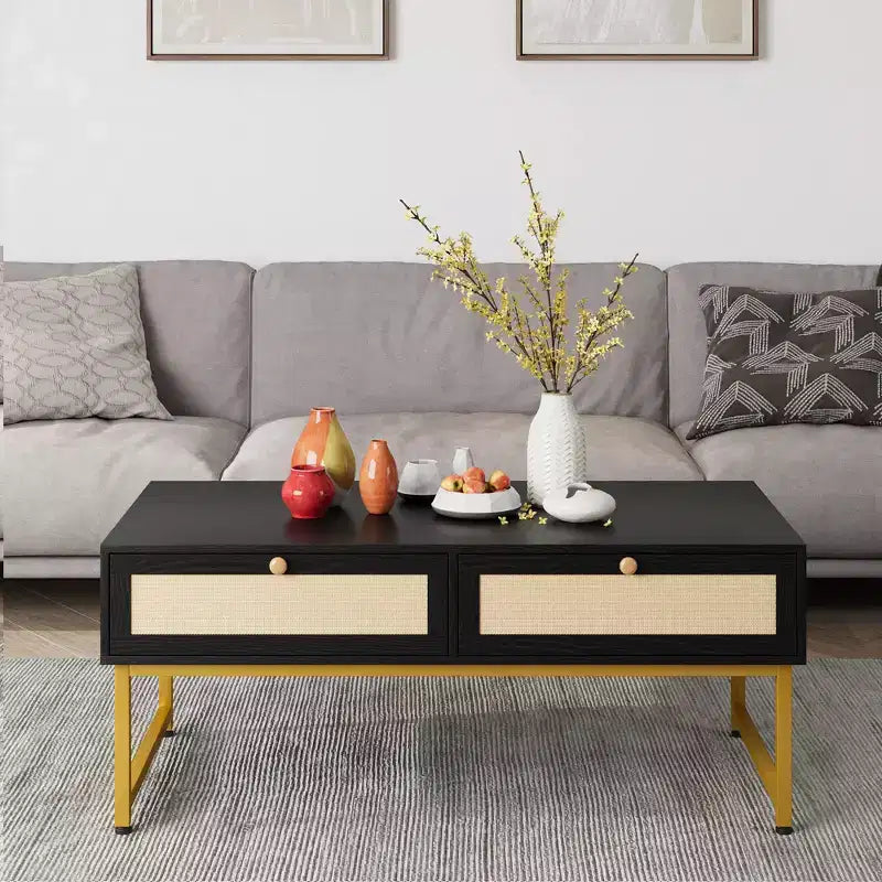 Mesa de centro de ratán con 2 cajones, mesa de centro de madera de 45.6' con almacenamiento, mesa de comedor bohemia, mesas de centro pequeñas para sala de estar