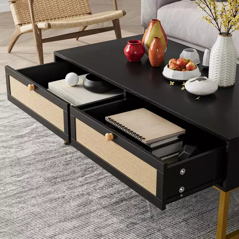 Mesa de centro de ratán con 2 cajones, mesa de centro de madera de 45.6' con almacenamiento, mesa de comedor bohemia, mesas de centro pequeñas para sala de estar