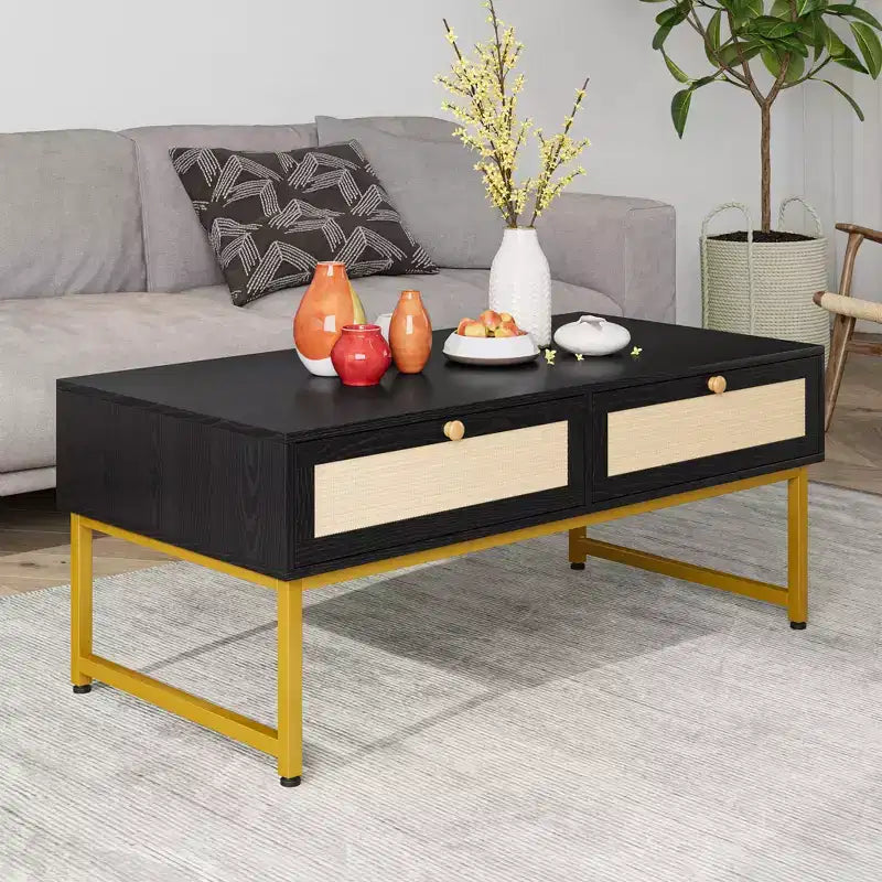 Mesa de centro de ratán con 2 cajones, mesa de centro de madera de 45.6' con almacenamiento, mesa de comedor bohemia, mesas de centro pequeñas para sala de estar