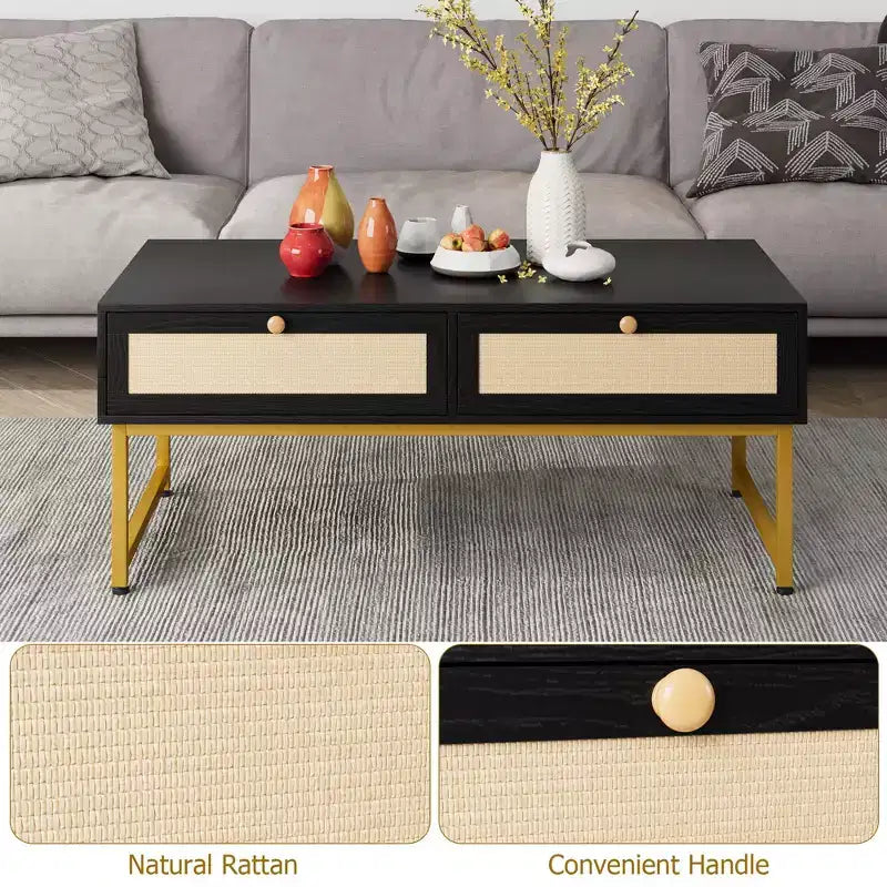 Mesa de centro de ratán con 2 cajones, mesa de centro de madera de 45.6' con almacenamiento, mesa de comedor bohemia, mesas de centro pequeñas para sala de estar