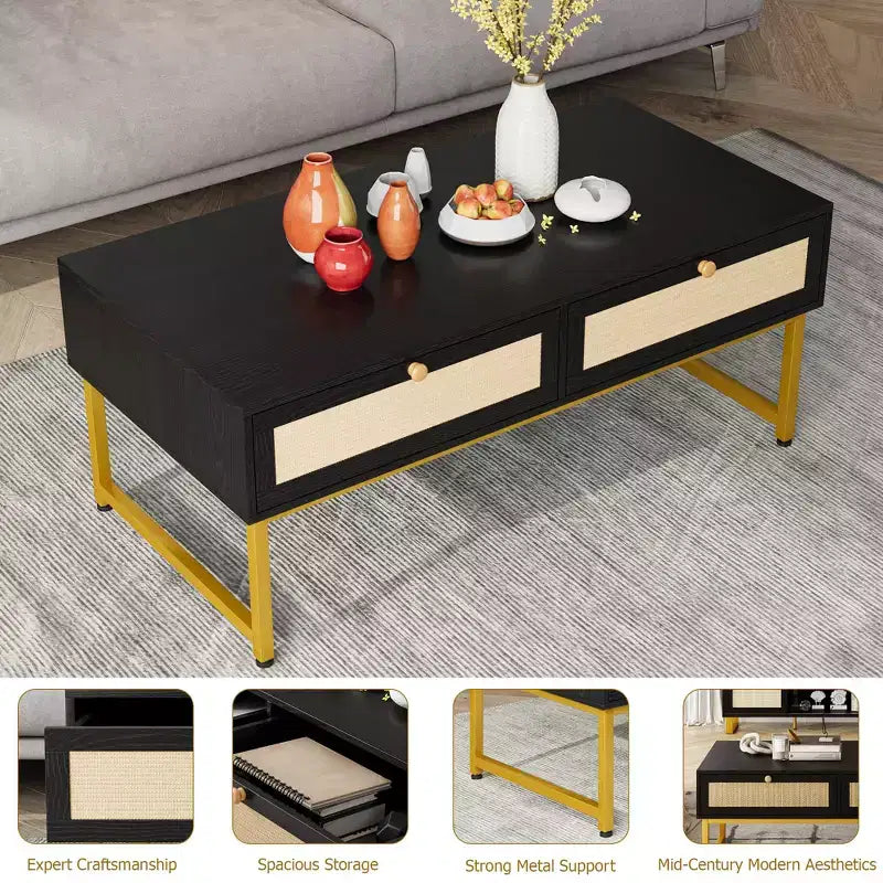 Mesa de centro de ratán con 2 cajones, mesa de centro de madera de 45.6' con almacenamiento, mesa de comedor bohemia, mesas de centro pequeñas para sala de estar