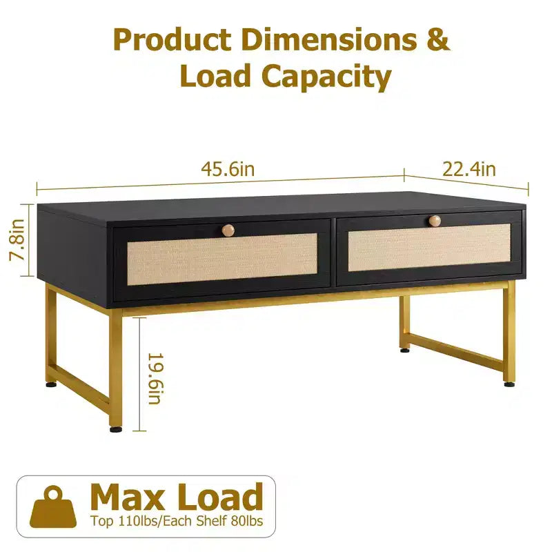 Mesa de centro de ratán con 2 cajones, mesa de centro de madera de 45.6' con almacenamiento, mesa de comedor bohemia, mesas de centro pequeñas para sala de estar