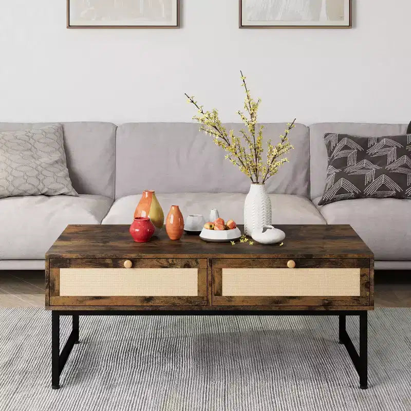 Mesa de centro de ratán con 2 cajones, mesa de centro de madera de 45.6' con almacenamiento, mesa de comedor bohemia, mesas de centro pequeñas para sala de estar