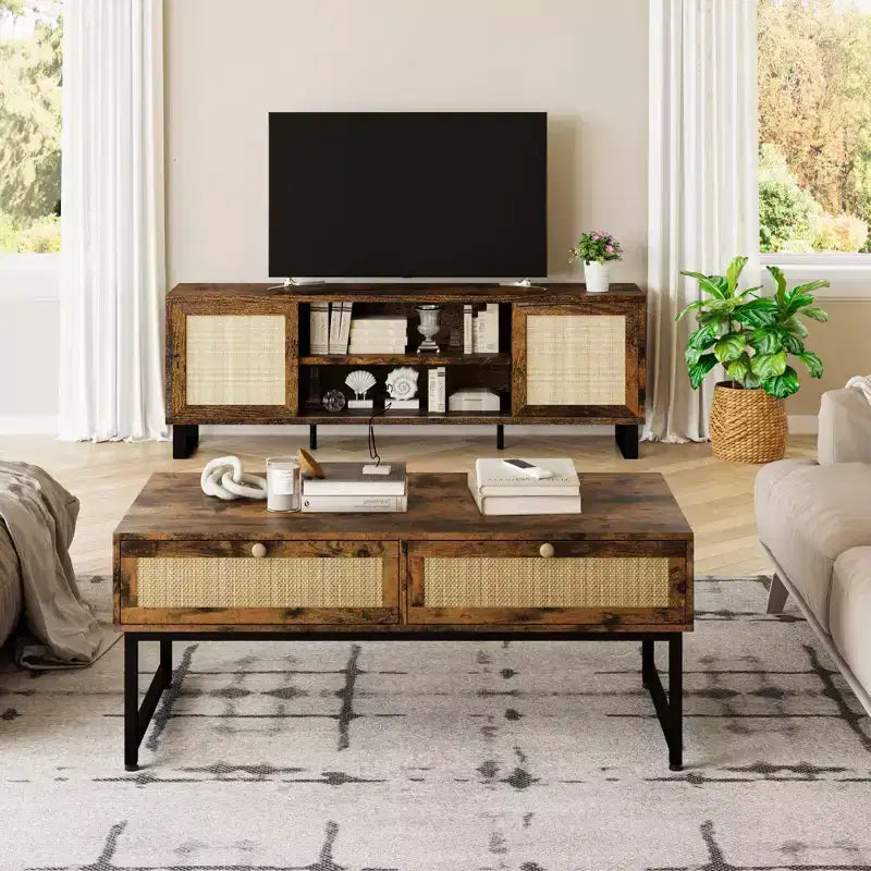 Rattan-Couchtisch mit 2 Schubladen, 45.6' Holzcouchtisch mit Stauraum, Boho-Esstisch, kleiner Couchtisch fürs Wohnzimmer