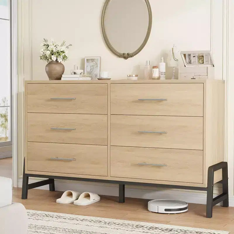 Commode en rotin à 6 tiroirs avec station de recharge, coffre de rangement pour chambre, salon, couloir ou chevet