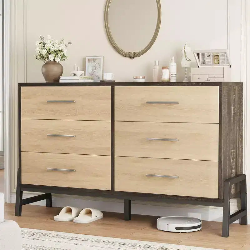 Kommode aus Rattan mit 6 Schubladen und Ladestation, Aufbewahrungstruhe für Schlafzimmer, Wohnzimmer, Flur oder neben dem Bett