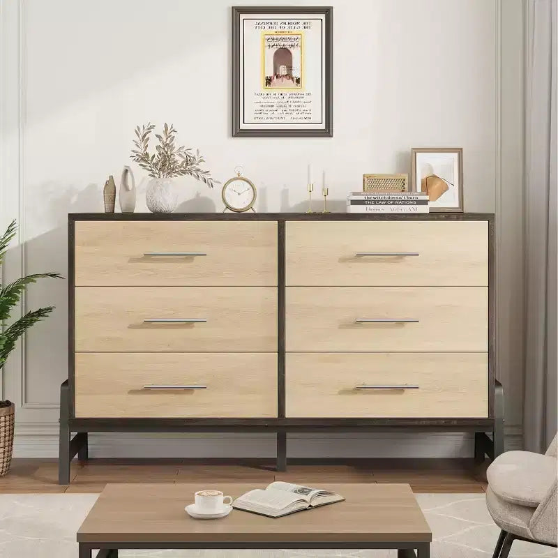 Kommode aus Rattan mit 6 Schubladen und Ladestation, Aufbewahrungstruhe für Schlafzimmer, Wohnzimmer, Flur oder neben dem Bett