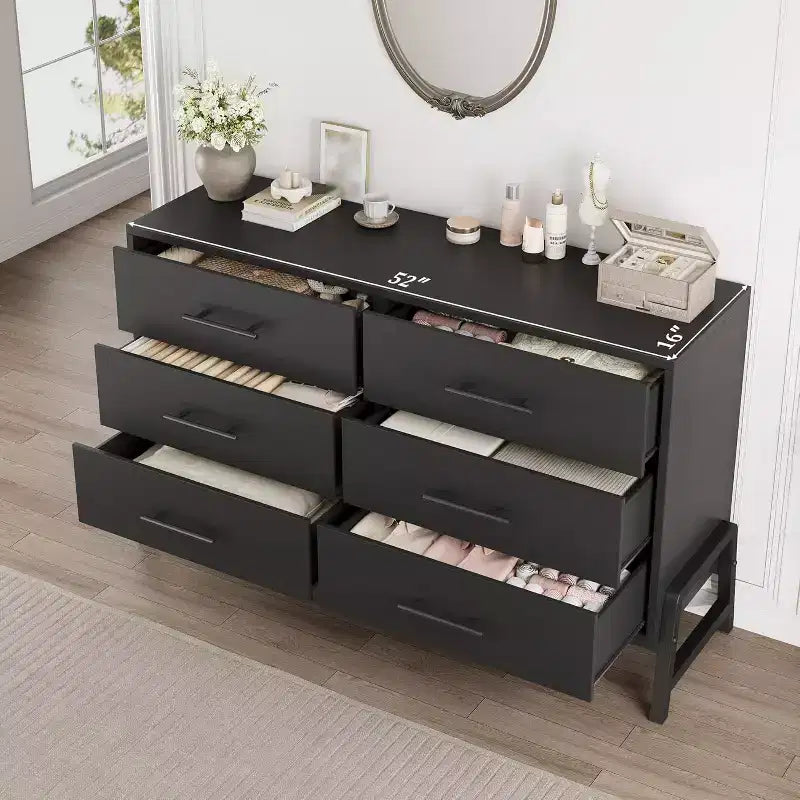 Commode en rotin à 6 tiroirs avec station de recharge, coffre de rangement pour chambre, salon, couloir ou chevet