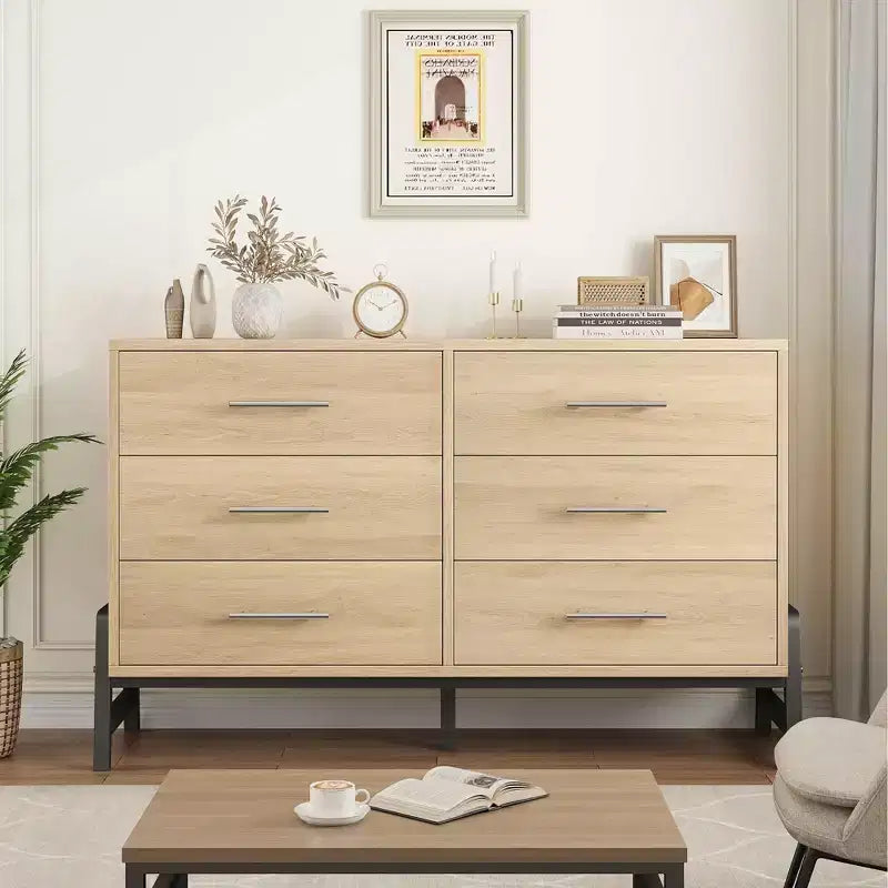 Kommode aus Rattan mit 6 Schubladen und Ladestation, Aufbewahrungstruhe für Schlafzimmer, Wohnzimmer, Flur oder neben dem Bett