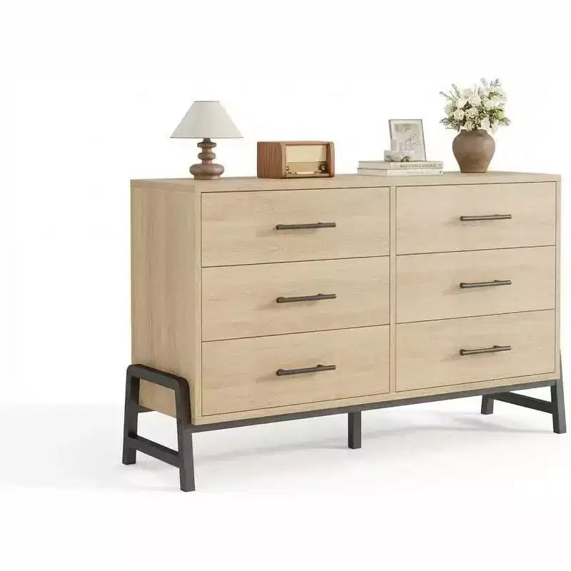 Commode en rotin à 6 tiroirs avec station de recharge, coffre de rangement pour chambre, salon, couloir ou chevet
