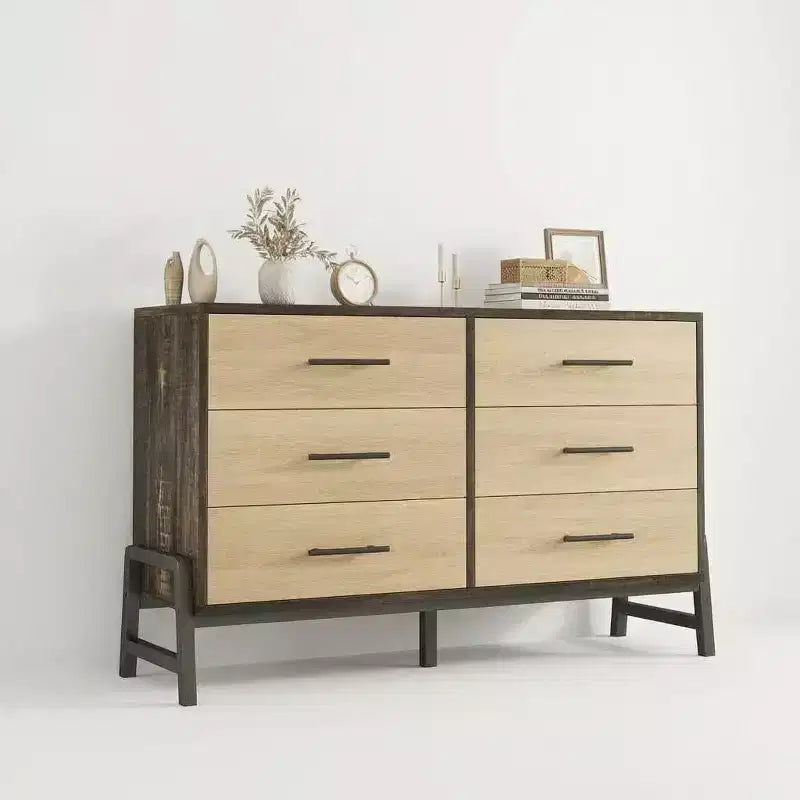 Commode en rotin à 6 tiroirs avec station de recharge, coffre de rangement pour chambre, salon, couloir ou chevet