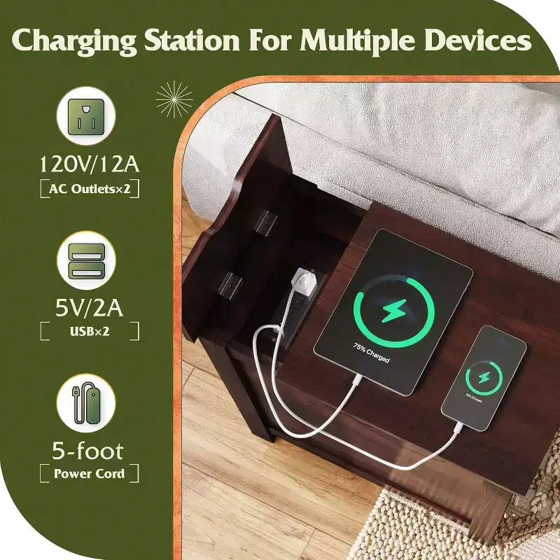 Ensemble de 2 tables d’appoint de style ferme avec station de recharge, tables de chevet étroites, ports USB et prises, en bois avec rangement