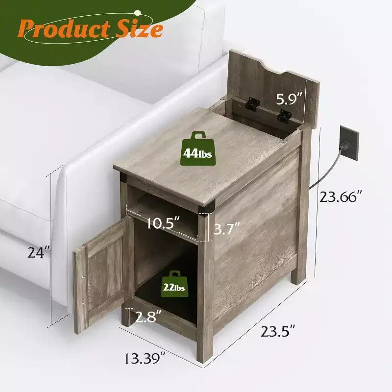 Ensemble de 2 tables d’appoint de style ferme avec station de recharge, tables de chevet étroites, ports USB et prises, en bois avec rangement