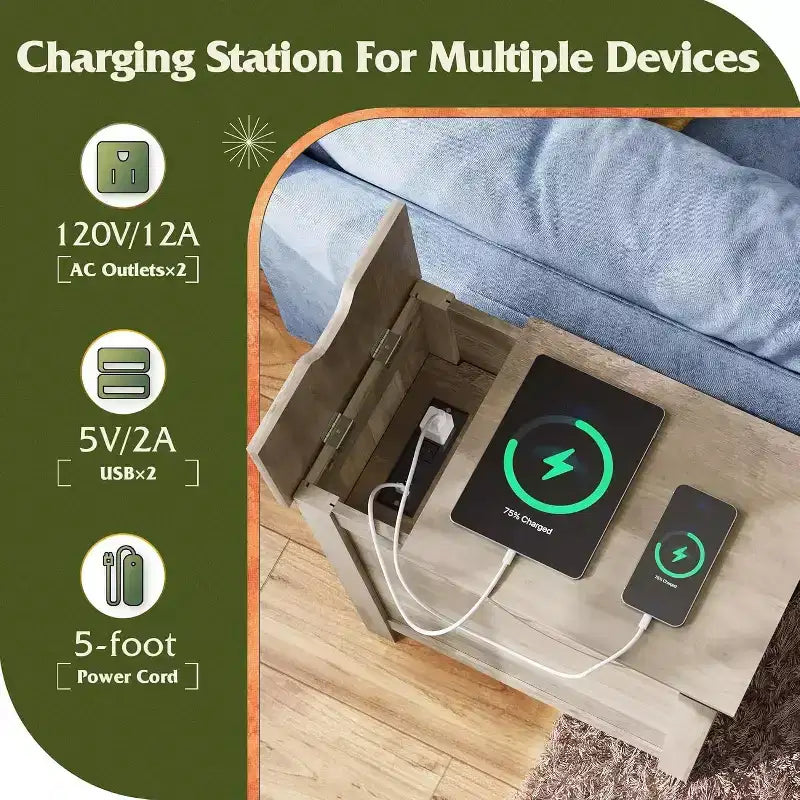 Ensemble de 2 tables d’appoint de style ferme avec station de recharge, tables de chevet étroites, ports USB et prises, en bois avec rangement