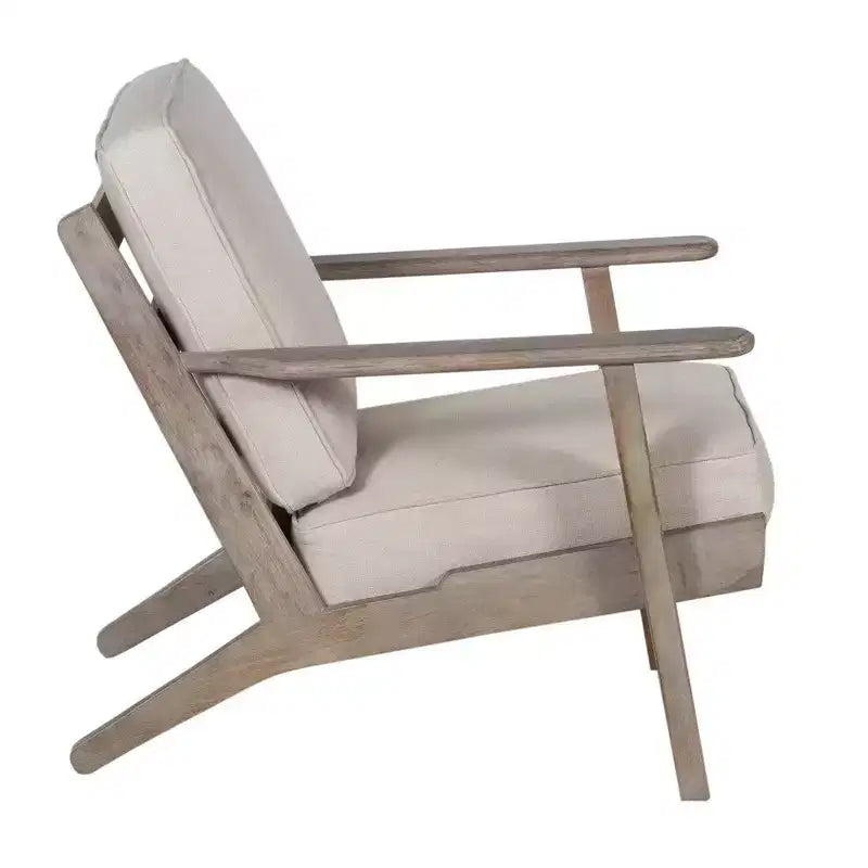 Fauteuil d’appoint artisanal en bois de manguier avec assise rembourrée et pieds inclinés