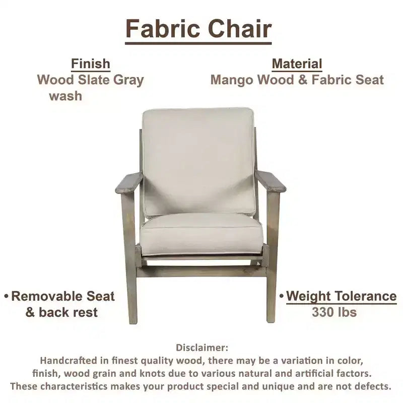 Fauteuil d’appoint artisanal en bois de manguier avec assise rembourrée et pieds inclinés