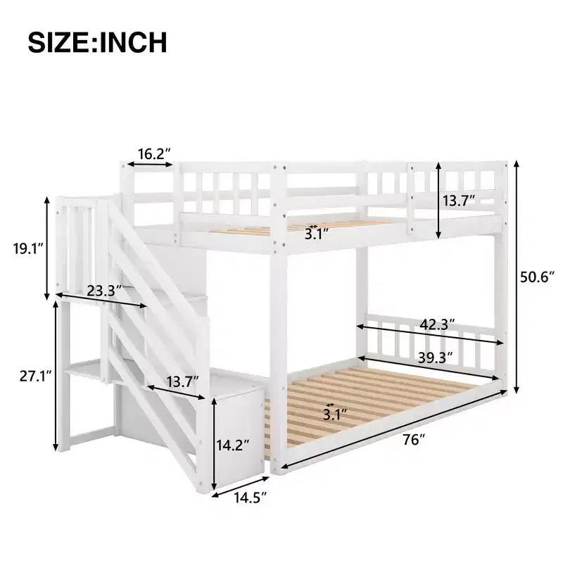 Litera baja de madera maciza para dos camas individuales, con escalera de almacenamiento y barandilla de seguridad, para niños y adolescentes; fácil de armar